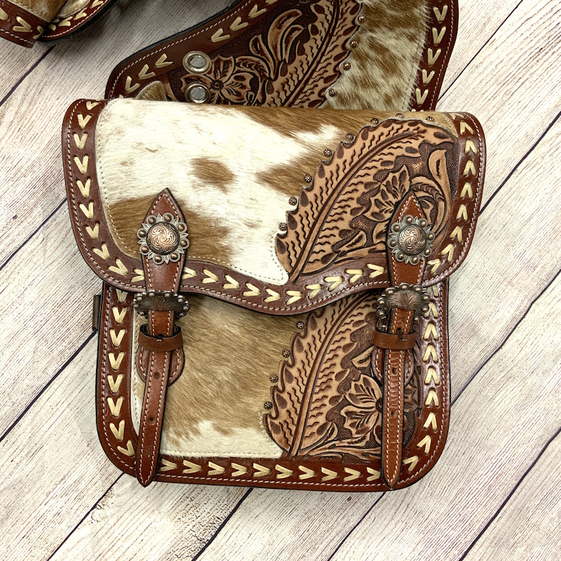 (image for) Floral & Leaf Leather Saddle Bags with Hair On & Whipstitch Edge